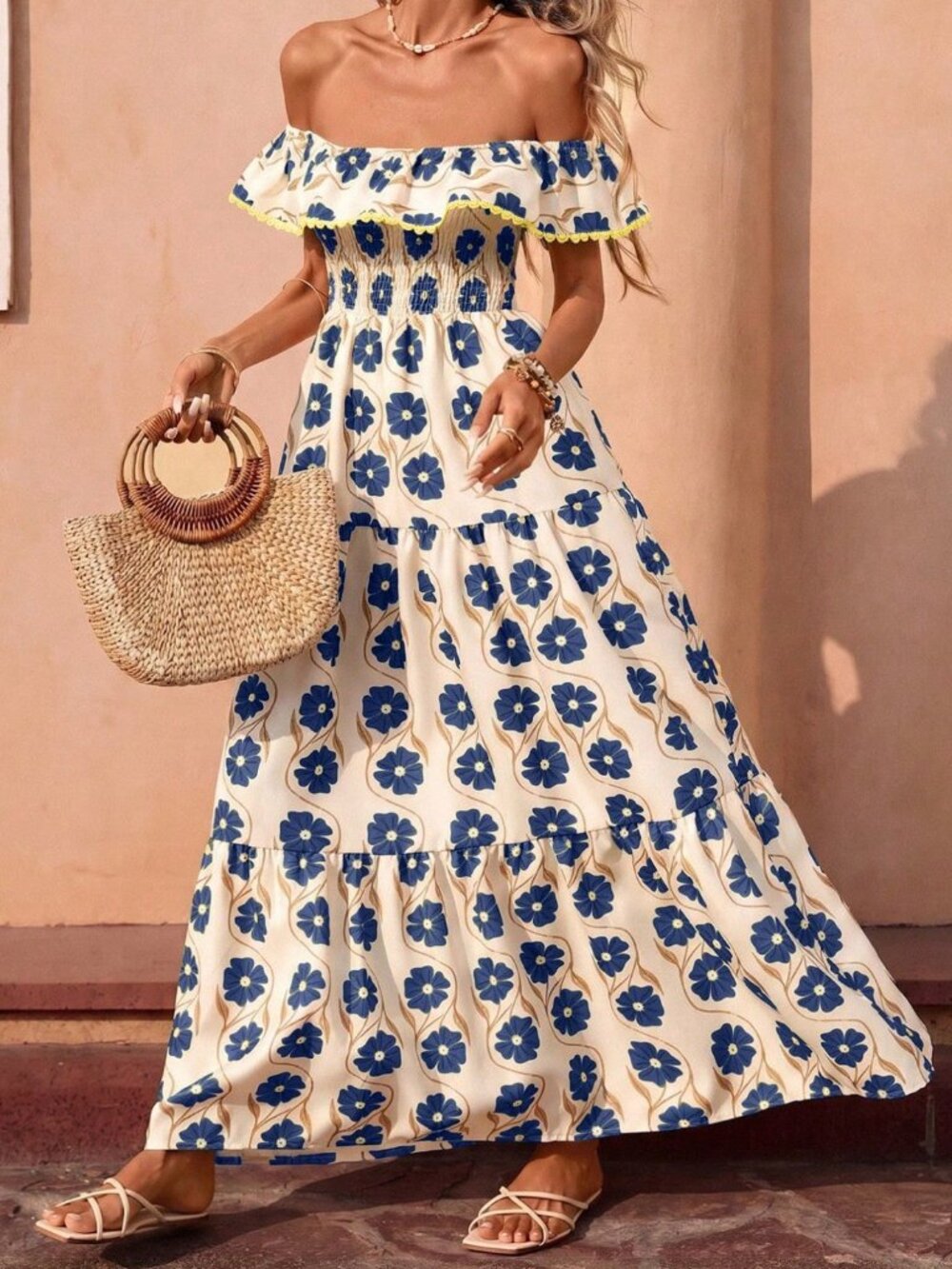 Navy Blue Boho Women's Elegant Long Dress with Ruffle - Picture 4 of 7